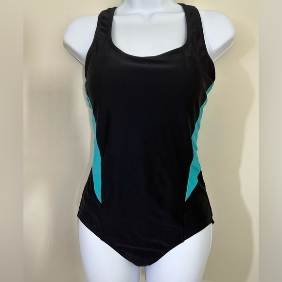 Speedo sz sm 1 piece swimsuit in black with aqua accent. Very nice suit - Picture 1 of 12